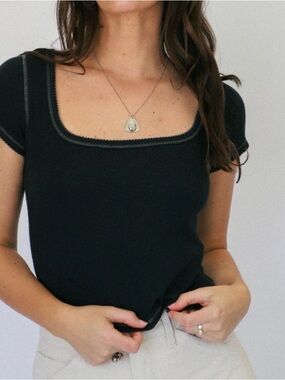 Free People Intimately End Game Pointelle Baby Tee- Black